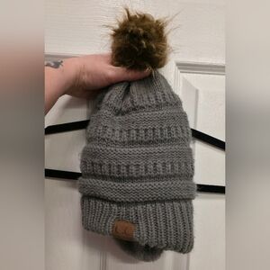 C.C  Gray Knit Beanie with Brown Pom-Pom